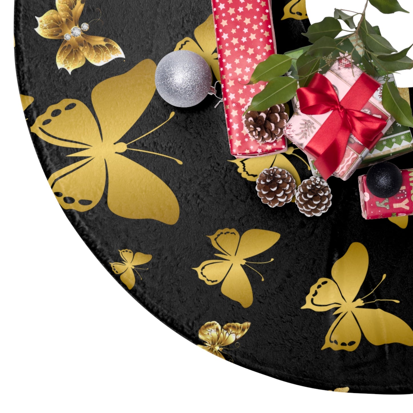 Golden Butterflies Christmas Tree Skirts - Havenly Essentials - Home Decor - Printify - 17800837003002158871 - Golden Butterflies Christmas Tree Skirts