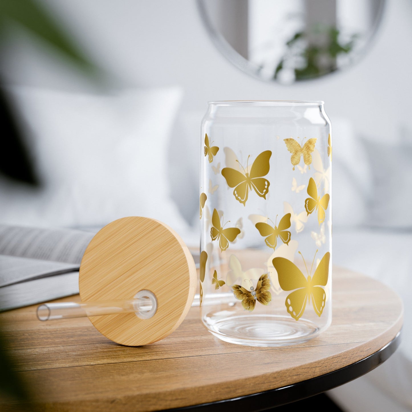Golden Butterfly Glass Jar, 16oz - Havenly Essentials - Glass Jar - Printify - 20259439918668206787 - Golden Butterfly Glass Jar, 16oz