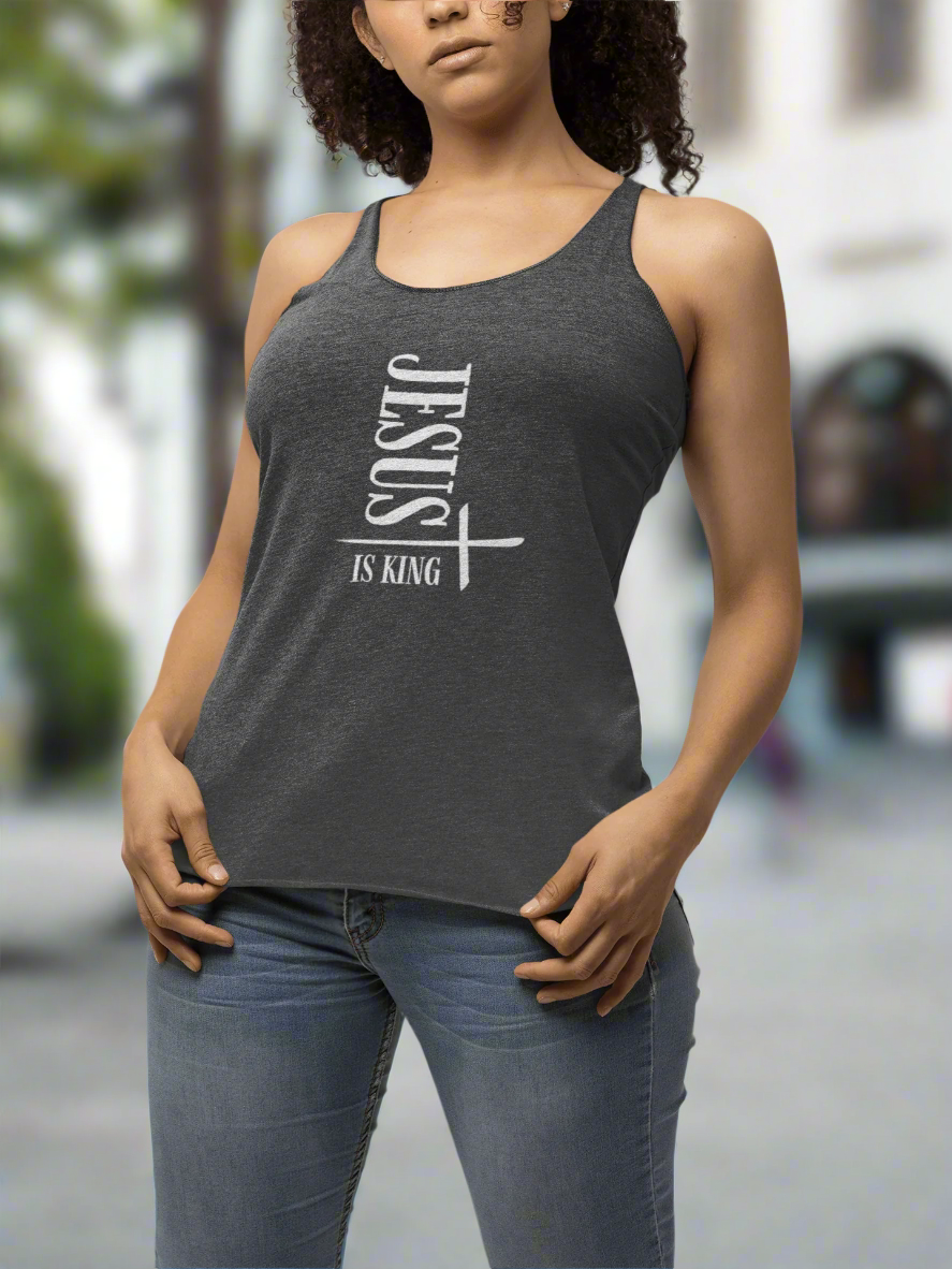 Jesus Is King Racerback Tank Soft Tri - Blend Christian Apparel - Havenly Essentials - Tank Top - Printify - 21771159719338992591 - Jesus Is King Racerback Tank Soft Tri - Blend Christian Apparel