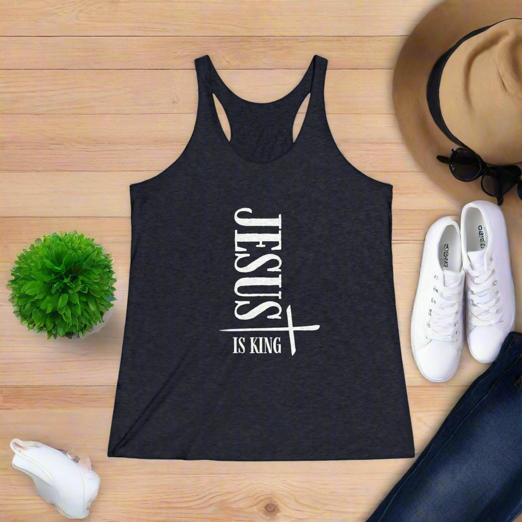 Jesus Is King Racerback Tank Soft Tri - Blend Christian Apparel - Havenly Essentials - Tank Top - Printify - 31267744500652540606 - Jesus Is King Racerback Tank Soft Tri - Blend Christian Apparel